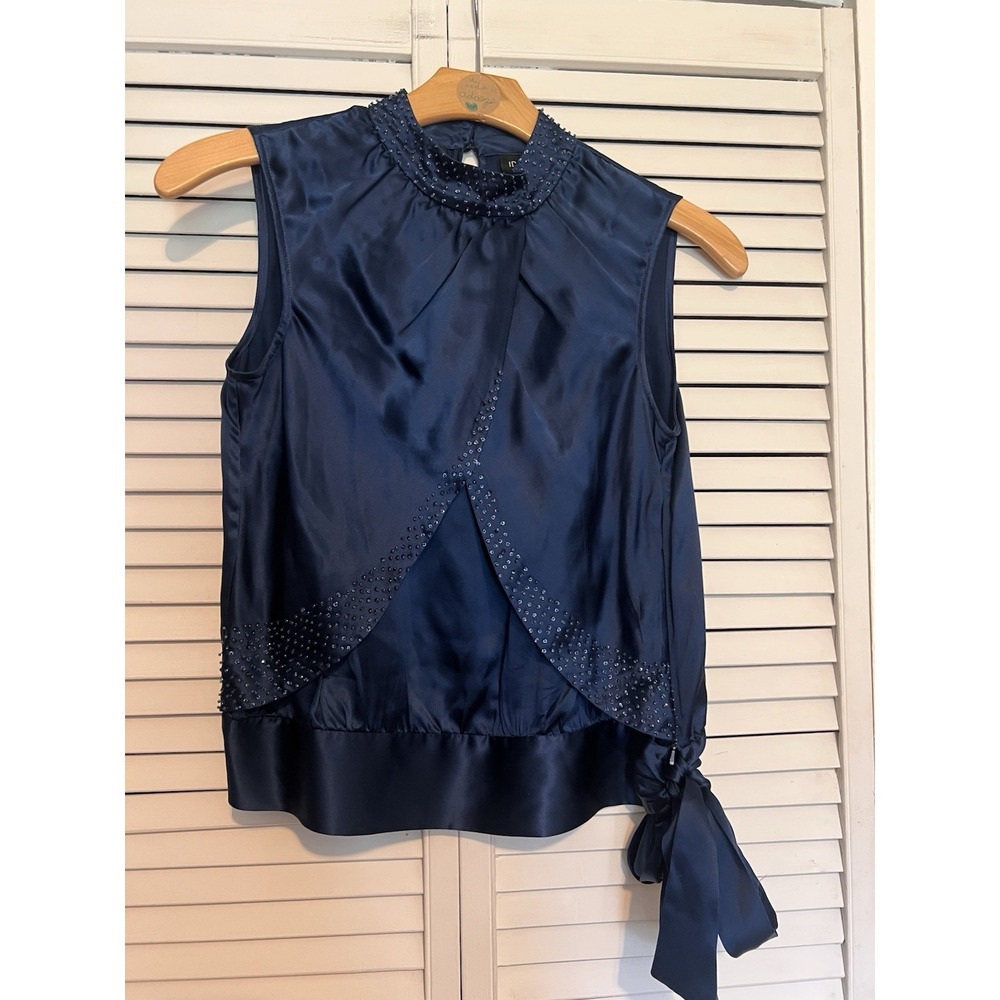 IDEOLOGY Women's Medium M Silk Blouse Sleeveless Blue Embellished Tie At Waist